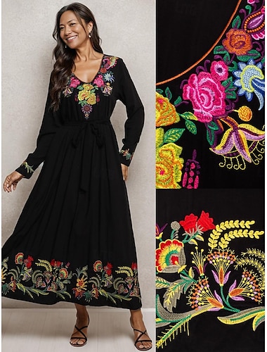  Vestido preto feminino floral vintage bordado com decote em v maxi vestido bohemia vatcation uma linha manga longa solto ajuste verão primavera