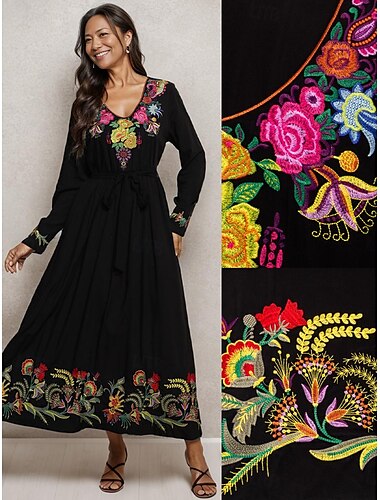  Besticktes Maxikleid für Damen, V-Ausschnitt, lange Ärmel, Blumenmuster, Folk-inspiriert, schwarz, mehrfarbig, elegant, leger bis halbformell, für Frühling und Herbst, leicht, bequeme Passform, in