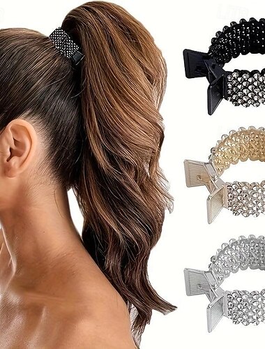  3個、エレガントなプレミアム光沢のあるラインストーンヘアクリップ、便利でトレンディなポニーテール固定バックル、女性女の子カジュアルパーティー用品、ギフト写真小道具