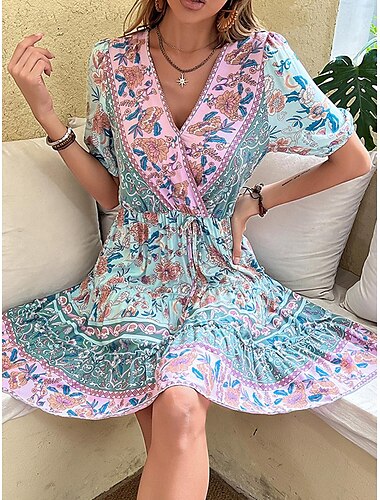 Damen Minikleid Casual kleid A Linie Kleid Sommerkleid Boho-Kleid Stilvoll Ethnisch Brautkleider schlicht Urlaub Täglich Verabredung Regular Fit Blumen Kurzarm V Ausschnitt Schwarz Burgunderrot Grün