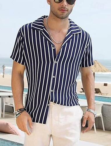  Herr Skjorta Knapp upp skjorta Casual skjorta Sommarskjorta Strandskjorta Svart Marinblå Kortärmad Rand Lägerkrage Hawaiisk Helgdag Kläder Mode Ledigt Bekväm