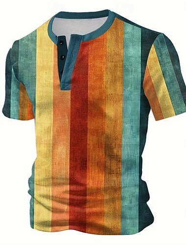  Hombre Graphic Bloque de color Camisa de gofres Manga Corta Impresión 3D Vacaciones Moda Vacaciones Casual Diario Verano Primavera Arco Iris Henley Camiseta Henley