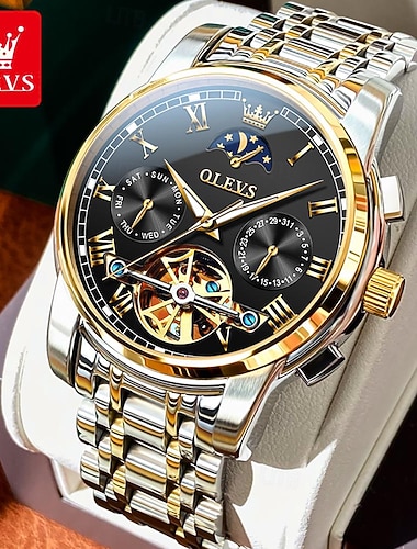  OLEVS גברים שעון מכני אופנתי עסקים שעון יד אוטומטי נמתח לבד תצוגת שלב הירח זורח עמיד במים פְּלָדָה שעון
