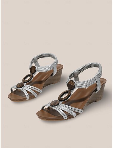  Damen Sandalen Boho Retro Sandalen mit Keilabsatz Täglich Urlaub Keilabsatz Böhmen Urlaub Vintage Kunstleder Gummiband Schwarz Silber Rosa