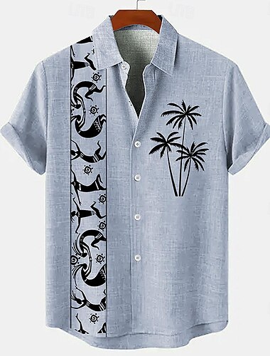 Herren leinenhemd Strandhemd Hawaiihemd Sommerhemd Kokosnussbaum Outdoor Urlaub Blau Braun Grün Kurzarm Ständer Sommer Frühling Bekleidung Bedruckt