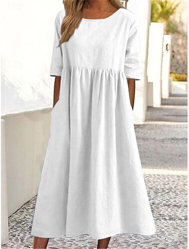  Damen Weiß Marineblau Blau Sommer Frühling Midikleid Leinen-inspirierte Kleider Freizeitkleid Baumwoll-Leinenkleid Basic Modern Täglich Wochenende Lässiger Schnitt Einfach Hemdkragen