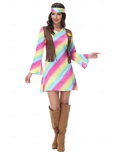  Retro Antiguo Años 60 Hippie Vestidos Bandana Disfraces de los años 70 para mujer Bandas de cabeza Hippie Escote en Pico Mujer Víspera de Todos los Santos Carnaval Mascarada Fiesta / Noche Desfile