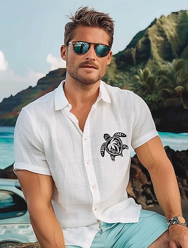  الرجال عارضة قميص الشاطئ قميص السلحفاة هاواي قميص مريح السببية عارضة اليومية الصيف ترتيب الأسرة قميص طوق قصيرة الأكمام الأبيض الكتان القطن مزيج قميص