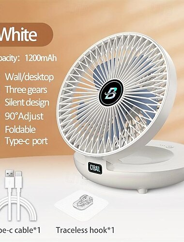  Foldable Desktop Fan – USB Rechargeable 1200mAh Table Fan with Wall Mount, Hook, and Adjustable Angle