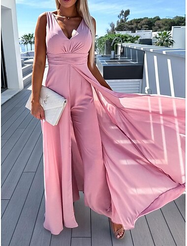  Women's Jumpsuit High Waist With Train Solid Color V Neck Elegant Party Office Regular Fit Sleeveless Black Pink Blue S M L Summer