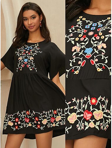  Női Hímzett Fekete ruha Mini ruha Virágos Terített nyak Rövid ujjú Nyár Tavasz Fekete