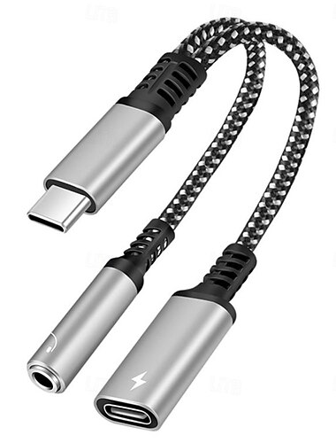  Kabel USB typu C do gniazda słuchawkowego 3,5 mm Kabel adaptera 2 w 1 Dual USB C, żeńskie złącze audio Aux, rozdzielacz ładowania, muzyka