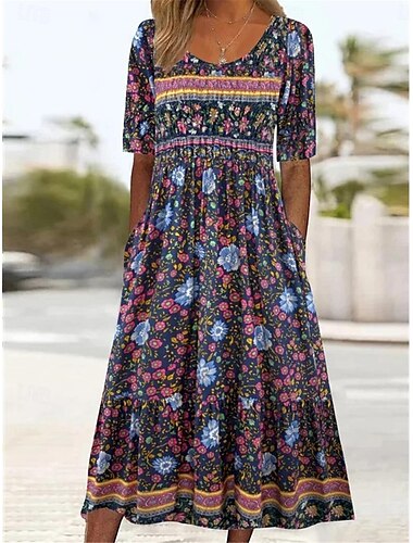  Damen Midikleid Casual kleid Sommerkleid Boho-Kleid Ethnisch Brautkleider schlicht Urlaub Täglich Verabredung Regular Fit Blumen Kurzarm Rundhalsausschnitt Weiß Marineblau Königliches Blau Blau Sommer