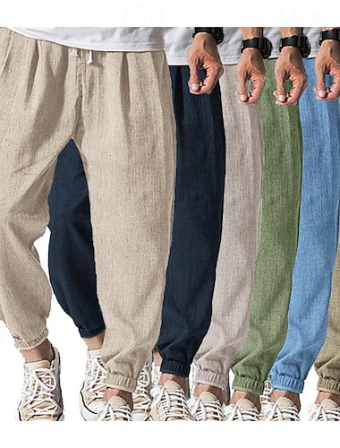  Voor heren Jogger Linnen broek Broek Zomerbroek Trekkoord Elastische taille Effen Comfort Ademend Dagelijks Strand Modieus Streetwear Donker kaki Zwart Micro-elastisch