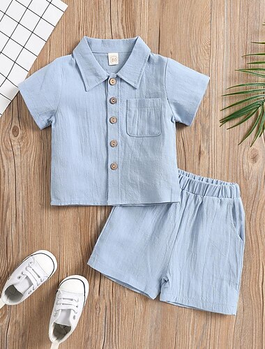  2 Stück Baby Jungen T-Shirt & Shorts Outfit Feste Farbe Kurzarm Set Schulanfang Modisch Täglich Sommer Frühling 3-7 Jahre Hellblau Armeegrün Weiß