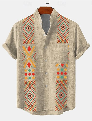  Herren Hemd Knopfhemd Kurzarm Vintage Brautkleider schlicht Stamm Urlaub Täglich Sommer Frühling Stehkragen Opa Kragen Bedruckt Grün Khaki Beige