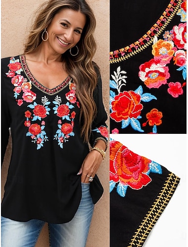  Pentru femei Cămașă de designer Floral Tribal Brodat Muncă Casual Concediu Epocă Stil Boem Casual Lungime Manșon 3/4 În V Negru Vară Primăvara & toamnă