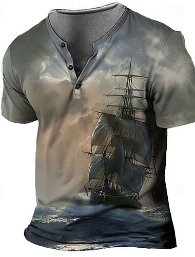  Ανδρικά Γραφική Φωτισμός Πλοίο Μπλουζάκι Πουκάμισο Henley Κοντομάνικο 3D εκτύπωση Υψηλής Ποιότητας Ρετρό / Βίντατζ Δρόμος Causal Καλοκαίρι Άνοιξη Θαλασσί Γκρίζο Χένλι Μπλουζάκι Henley