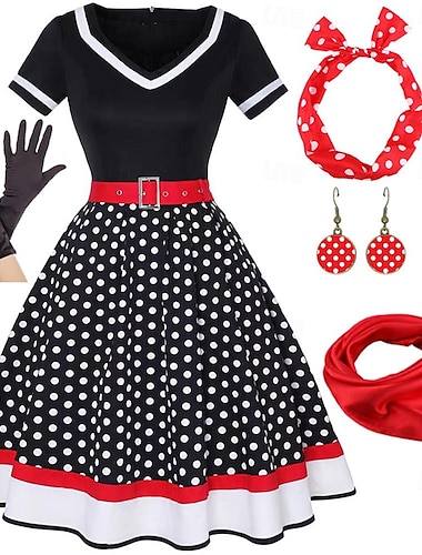  Vestido acampanado de inspiración vintage de los años 50, disfraz de mujer, fiesta de cosplay vintage&amp; bufanda de seda del festival nocturno