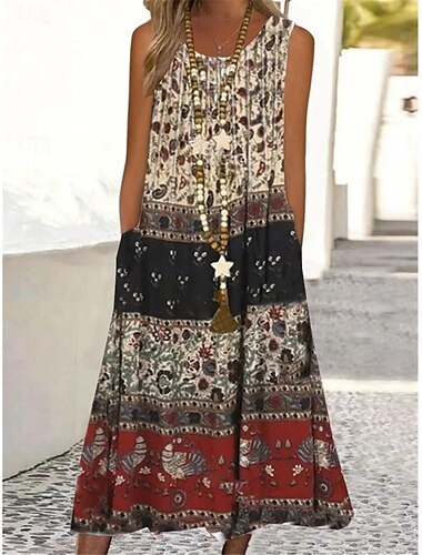  Vrouwelijke Maxi Jurk Tank Jurk Ombre Bloemen Pocket Print Crew Neck Midi Jurk Dagelijkse Vakantie Mouwloos Zomer Lente