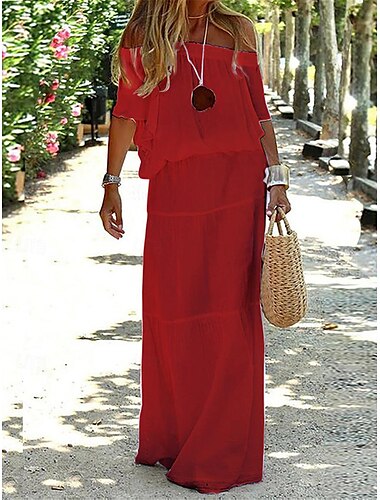  Damen Maxikleid Leinen-inspirierte Kleider Weißes Kleid Freizeitkleid Sommerkleid Streetwear Maxi Lässig Urlaub Straße Ferien Normale Passform Halbarm Schulterfrei Schwarz Weiß Rote Khaki Sommer