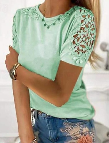  בגדי ריקוד נשים חולצה קצרה תחרה אחיד אופנתי צווארון עגול יומי רחוב שחור ורוד מסמיק תלתן אפור קיץ