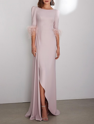  robe de soirée colonne élégante robe d'invité de mariage rose longueur de plancher formelle 3/4 longueur manches bijou cou crêpe extensible avec plume 2024