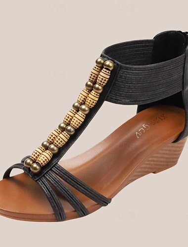  Damen-Keilsandalen im Boho-Stil mit Perlen und elastischem Riemen – stylische offene Schuhe für Sommer, Strand und Freizeitausflüge