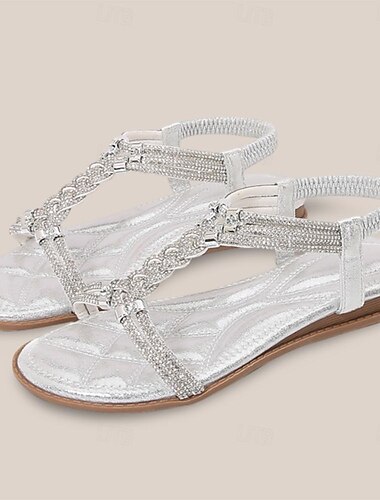  Mit Strasssteinen verzierte T-Riemchensandalen für Damen – flache Glitzersandalen im Boho-Stil mit elastischem Knöchelriemen für den Strand und Partys im Sommer