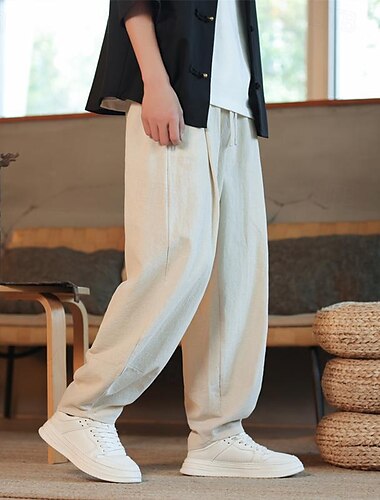  Herren Leinenhose Sommerhosen Freizeithose Tasche Einfarbig Sport In voller Länge Casual Täglich Brautkleider schlicht Lockere Passform Schwarz Dunkel Blau Niedrige Taillenlinie Mikro-elastisch