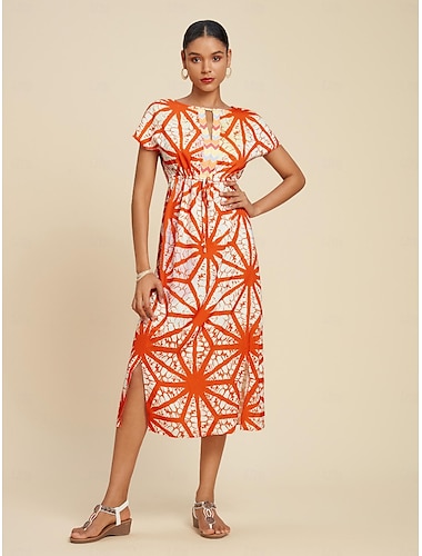  Femme Robe mi-longue Robe mi-longue Orange Manche Courte Folk Cordon Printemps été Col fendu Robe Motif S M L