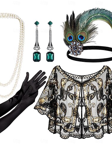 Retro vintage Jaren 1920 Gatsby Jaren '20 flapper hoofdband Accessoireset Omslagdoeken Flapper Girl Bruiloftsgast Veer Dames Halloween Carnaval Maskerade Carnaval Feest / Uitgaan Huwelijksreceptie