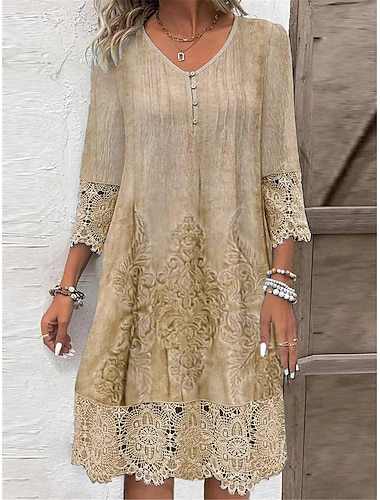  Vestido informal para mujer, estilo bohemio, con detalle de encaje, escote en V, manga tres cuartos, estampado vintage, corte relajado, mezcla de lino beige y tostado, talla normal para primavera y