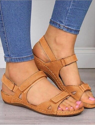  Flache Damensandalen aus blauem Kunstleder mit verstellbaren Klettverschlüssen – lässige und bequeme Sommersandalen zum Spazierengehen, Reisen und für den Alltag
