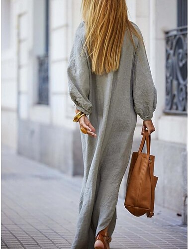  Γυναικεία Μακρύ φόρεμα Φόρεμα πουκαμίσα Λευκό φόρεμα Βαμβακερά λινά φορέματα Φόρεμα από βαμβακερό λινό Βασικό Καθημερινό Καθημερινά Διακοπές Χαλαρή Εφαρμογή Σκέτο Μακρυμάνικο Λαιμόκοψη V