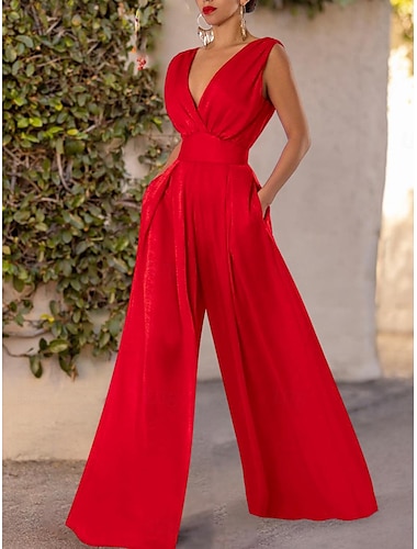  Women's Jumpsuit Pocket Solid Color V Neck Stylish Work Wide Leg Slim Sleeveless  Red Summer