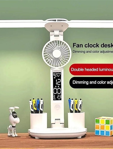  180 rotatif double tête LED lampe de bureau multifonction lampe de table avec calendrier ventilateur porte-stylo thermomètre usb veilleuse pour bureaux lecture