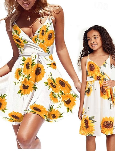  Mamma e io Vestitini Floreale Girasole Casuale Stampato Bianco Senza Maniche Lunghezza al ginocchio Attivo Abiti coordinati