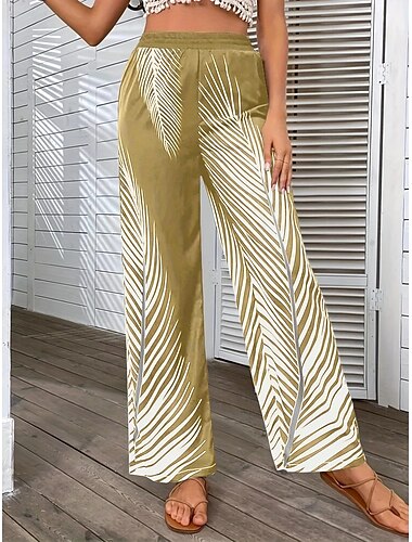  Damen Breites Bein Hosen Hose Casual Lang Blatt Weite Hosen Bedruckt Atmungsaktivität Komfortabel Unelastisch Ausgehen Wochenende Schwarz Weiß Khaki Frühling Sommer Regular Fit