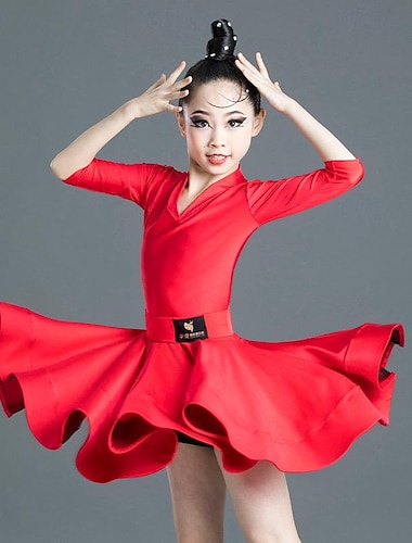  Latein-Tanz Tanzkleidung für Kinder Kleid Pure Farbe Farbaufsatz Mädchen Leistung Ausbildung Halbe Ärmel Hoch Polyester