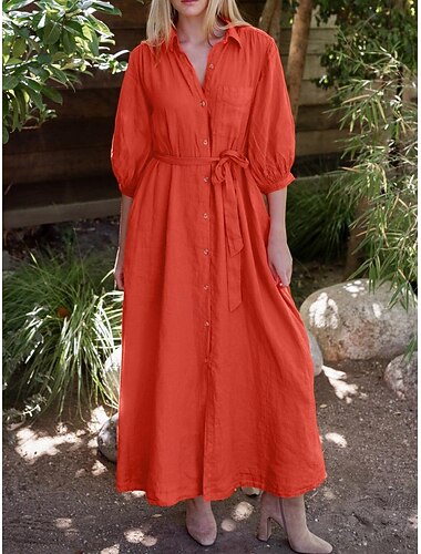  Maxi-Hemdkleid aus Leinen mit Schnürung und Tasche