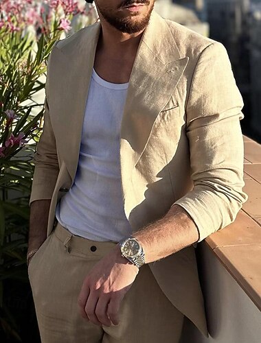  Men's Wedding Linen Suits Khaki Solid Colored Tailored Fit 2 Piece Single Breasted One-button