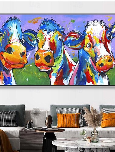  Mintura pinturas al óleo abstractas hechas a mano de vaca aniaml sobre lienzo, decoración de arte de la pared, imagen de dibujos animados moderna para decoración del hogar, pintura enrollada sin marco