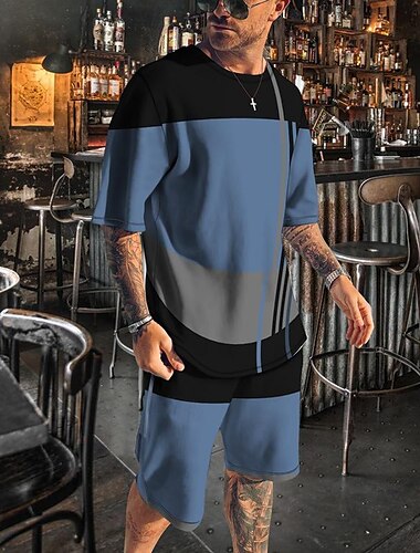  Herren T-Shirt Anzüge 2-teiliges Outfit T-Shirt und Shorts Kurzarm Rundhalsausschnitt Sommer Farbblock Mode Lässig 2 teilig Urlaub Alltagskleidung Ausgehen Weiß Blau Grau Top T-Shirt für Herren