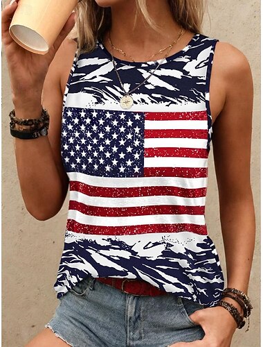  女性の愛国的キャミソールタンクトップ フラッグ USA スタイリッシュ ノースリーブ クルーネック レギュラー トップス デイリー ネイビーブルーサマー
