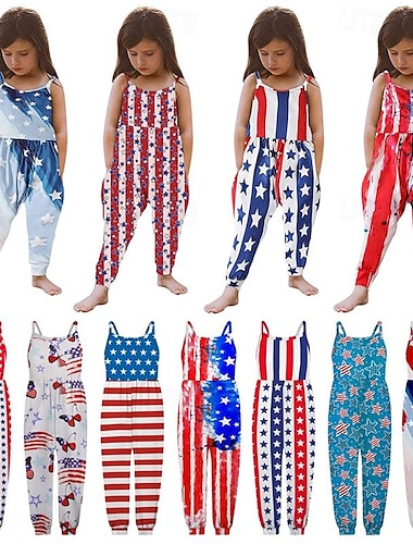  Combinaison d'été à bretelles pour filles et enfants, dos nu, étoile, combinaison d'escalade pour la fête de l'indépendance américaine, vêtements pour enfants