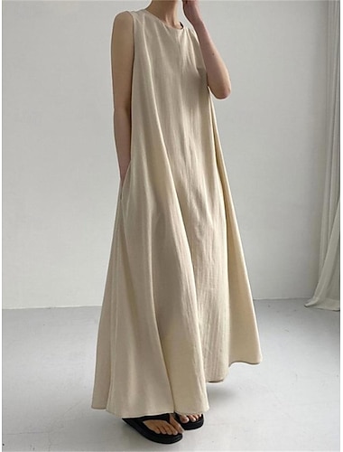  Damen Maxikleid Kunstbaumwollleinen Shiftkleid Sommerkleid Freizeitkleid Basic Modern Täglich Wochenende Lässiger Schnitt Einfach Ärmellos Rundhalsausschnitt Hemdkragen Blau Weiß Marineblau Kaki
