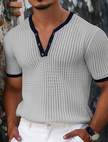  Herren Waffel-Henley-Hemd Waffelstrick-T-Shirt T-Shirt Feste Farbe V Ausschnitt Outdoor Casual Kurzarm Taste Strick Bekleidung Modisch Designer Komfortabel