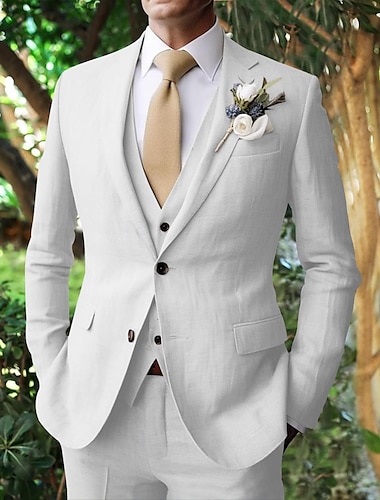  Branco Verde Masculino Casamento ternos de linho Cor Sólida Conjunto de 3 peças Moderno Comum 2 Botões 2024