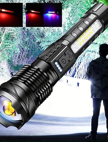  Linterna recargable súper brillante, potente antorcha LED con zoom, linterna para aventuras al aire libre, láser blanco, iluminación exterior impermeable, luz de trabajo de emergencia, luz de inundación para correr y pescar